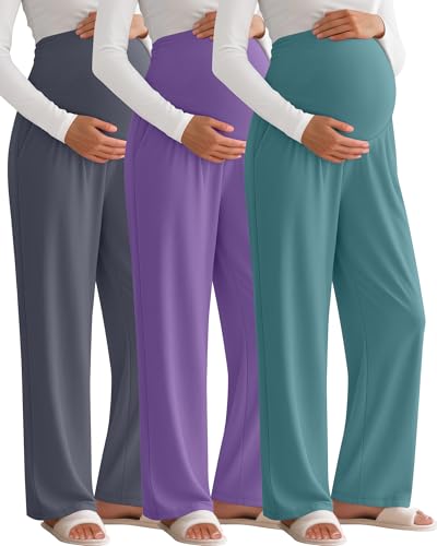 3 Pack Women's Maternity Lounge Pants with Pockets - color: Gray, Purple, Turquoise, size: Medium