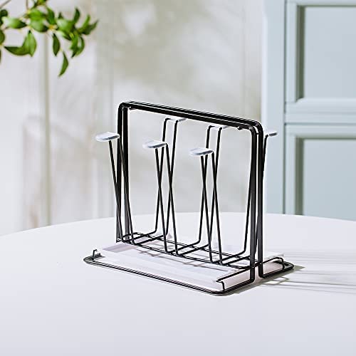 Metal Cup Drying Rack with 6 Hooks Bottle Drying Rack with Drain Tray - color: Black