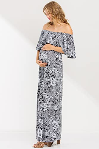 My Bump Women's Ruffle Off The Shoulder Maxi Maternity Dress-Made in USA - color: Blue Lbav, size: Medium