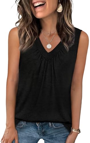 OFEEFAN Tank Top for Women Loose Fit Sleeveless Shirts V Neck Summer Clothes Ruched Women's Tees and Tanks Curved Hem - color: Black, size: Small