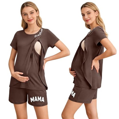 Maternity Nursing 2 Piece Pajama Set Double Layer Breastfeeding Sleepwear - color: A-brown, size: Small