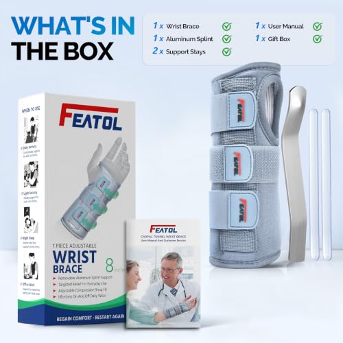 FEATOL Carpal Tunnel Wrist Brace Night Support, Adjustable Left Hand Brace - size: Medium/Large (Pack of 1), style: Left Hand -Grey