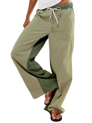 PEIHOT Low Rise Striped Pants for Women Pull On Drawstring Boho Wide Leg Jeans Trendy Green and White