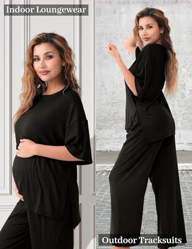 Maternity Lounge Set, 2 Piece Matching Set with Wide Leg Pants - color: Black, size: Small