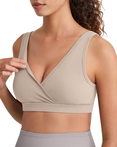 G4Free BareFeel Maternity Bra Wireless Nursing for Breastfeeding V Neck - color: Light Khaki, size: Large