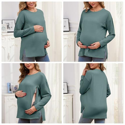 Women's Nursing Shirts Long Sleeve with Hidden Zipper Oversized Breastfeeding Tops Side Split Maternity Blouse - color: Heather Green, size: Medium