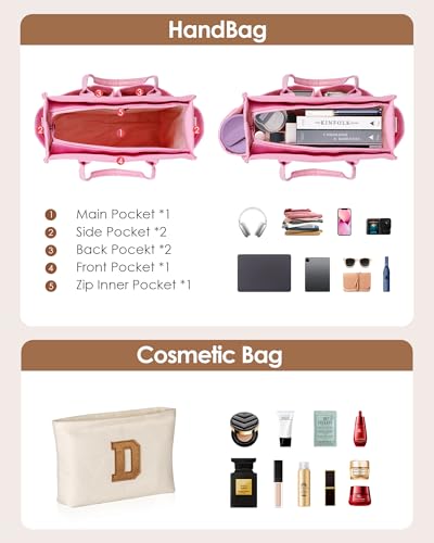 Birthday Gifts for Women, Initial Tote Bag with Makeup Bag - color: Pink, style: N