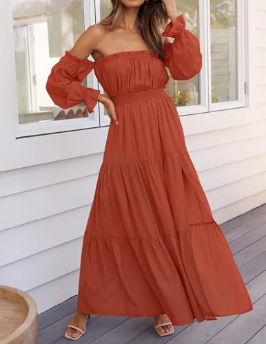 ZESICA Womens Fall Long Sleeve Boho Off Shoulder Maxi Dresses - color: Rust, size: Large