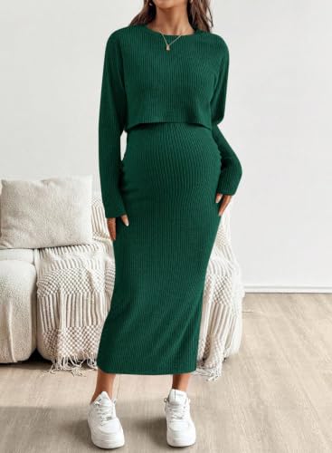 BLENCOT Maternity 2 Piece Outfits Ribbed Knit Crop Top Midi Skirt Set - color: Blackish Green, size: Small