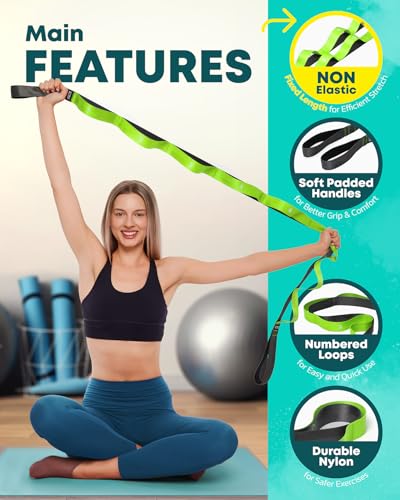 Stretching Strap with Loops, Non Elastic Stretch Band for Physical Therapy - color: Green