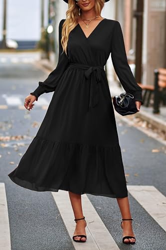 PRETTYGARDEN Womens Long Sleeve Boho Maxi Fall Floral Wedding Guest Dresses - color: Solid Black, size: XX-Large