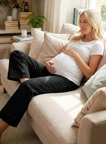 BLENCOT Women's Maternity Jeans High Waisted Wide Leg Pregnancy Pants - color: Black, size: Small