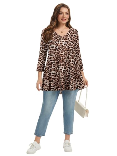 LARACE Plus Size Tunic Womens 3/4 Sleeve Tops V Neck Swing Loose Blouses - color: A-leopard08, size: Medium