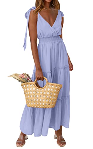 PRETTYGARDEN Women's Cross Neck Summer Sleeveless Tiered Maxi Dress Beach Tie Strap Smocked Long Dresses Pleated Sundress - color: Blue, size: Large