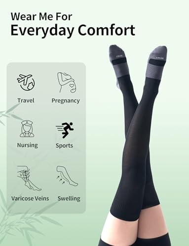 Women's Over-the-Knee Compression Socks 15-20 mmHg - Bamboo Viscose Thigh High Support Socks, 2 Pairs - size: Small-Medium