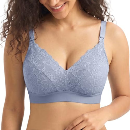 Momcozy Lace Nursing Bra for Breastfeeding, Wirefree Maternity Bra with Fixed Padding, Soft Deep V Bra - color: Bluebell, size: Medium