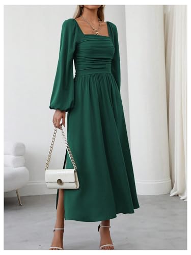 Floerns Women's Square Neck Lantern Long Sleeve Split Ruched Midi Dresses - color: Dark Green, size: Large