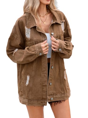 LifeShe Women's oversized Jean Jacket distressed denim Coat with Pockets - color: Khaki, size: Small