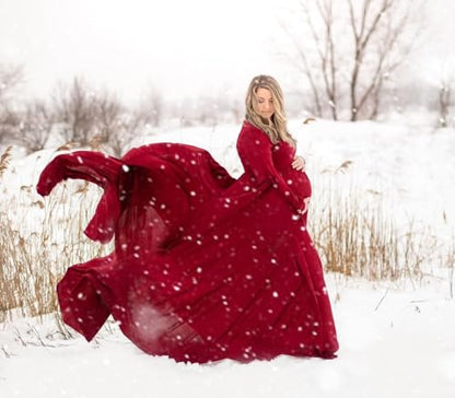 Long Sleeve Maternity Dress for Photoshoot Plus Size - color: Burgudy, size: Medium