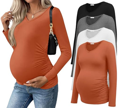 Ekouaer Womens Maternity Shirts Long Sleeve 4 Pack V Neck Pregnancy Tops - color: Caramel/Dark Grey/Black/White, size: Medium