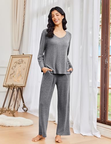 Ekouaer Fall Pajamas for Women Set Long Sleeve V Neck 2 Piece Lounge Sets - color: Grey, size: Small