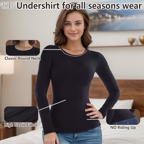 +MD Womens Long Sleeve Undershirts Tops Bamboo Viscose Underscrub - color: Black, size: X-Large