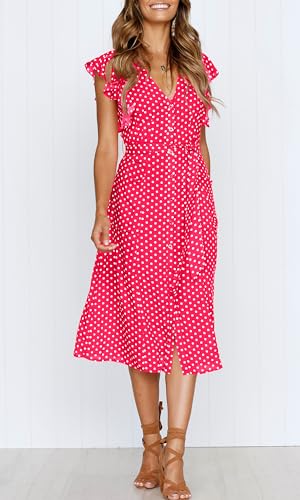 MITILLY Women's Boho Polka Dot Flutter Short Sleeve V Neck Button Down Swing Midi Dress with Pockets - color: 11 Rose, size: Small