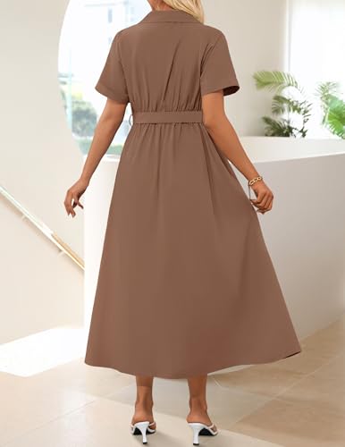 ZESICA Women's Summer Button Down Short Sleeve Midi Dress - color: Coffee, size: Small