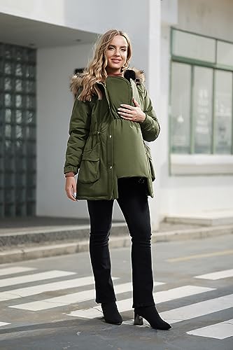 Maacie Maternity Winter Coat Baby Wearing Jacket 3 In 1 Outerwear - color: Army Green, size: X-Large