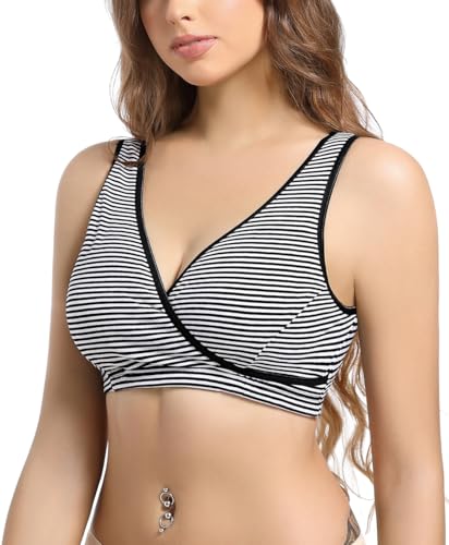 SUIEK 4 Pack Nursing Sleep Bra Maternity Bralette Cotton Breastfeeding Bras - color: Nude/Stripe/Leaf/Army Green-4pcs, size: Medium