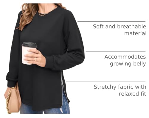 Women's Maternity Shirts Long Sleeve Sweatshirt Zipper Split Side Pregnancy Casual Tunic Top - color: Black, size: Large