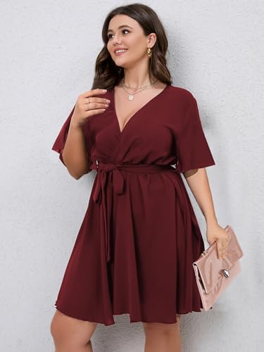 SCOMCHIC Women's Plus Size Wrap Summer Mini Dress - color: Burgundy, size: XX-Large Plus