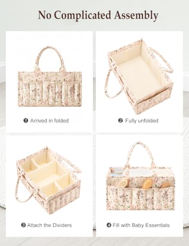 Quilted Diaper Caddy Organizer with Handle, Portable Nursery Storage Basket - color: Flower Leaf