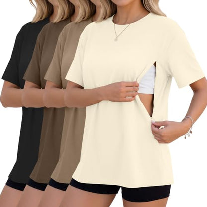 4 Pack Nursing Breastfeeding Shirts - color: Cream, Khaki, Light Brown, Black, size: XX-Large