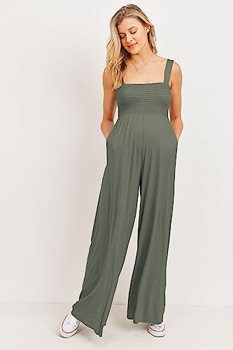 Women's Maternity Sleeveless Jumpsuit Romper with Smocked neck and pockets - color: Green, size: Medium