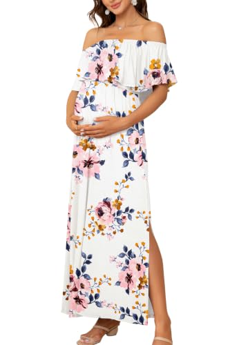 Off Shoulder Ruffle Sleeve Maternity Maxi Dress Side Slit - color: White Floral-hx131, size: Medium