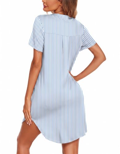 Ekouaer Nightgowns for Women Button Down Sleepshirts V Neck Sleep Dress - color: A-blue Stripes, size: Medium