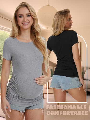 4 Pack Womens Maternity Shirts, Crew Neck Maternity Top Short Sleeve - color: Black/White/Dark Grey/Light Grey, size: Medium