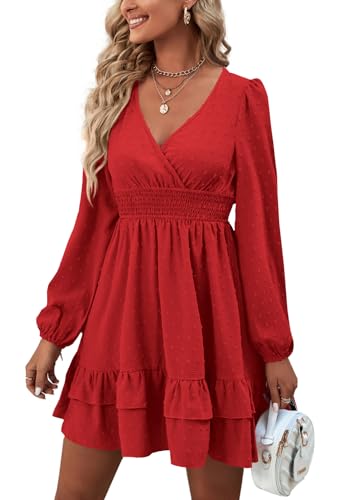 Rooscier Women's Wrap V Neck Swing Ruffle Swiss Dots Long Sleeve Mini Dress - color: Solid Red, size: X-Small