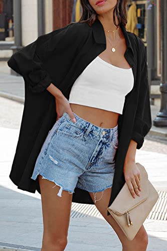 FSHAOES Womens Oversized Button Down Shirts Casual Loose Long Sleeve Solid Lapel Long Blouses Tops with Pockets - color: 02-black, size: Small