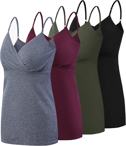 SUIEK 4 Pack Nursing Tank Tops Maternity Cami Cotton Breastfeeding Bralette - color: B-black+burgundy+dark Grey+army Green 4pack, size: X-Large