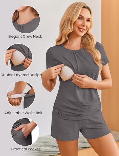 Ekouaer Maternity Nursing Pajamas Set 3 Piece Postpartum Breastfeeding Pjs - color: Dark Gray, size: Large