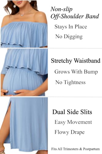 Off Shoulder Ruffle Sleeve Maternity Maxi Dress Side Slit - color: Light Blue, size: Medium