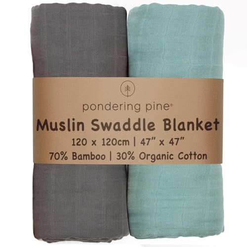 Organic Baby Muslin Swaddle Blankets - Solid Grey and Blue Swaddle Blanket 2 Pack - Soft Organic Cotton and Natural Bamboo Muslin, XLarge and Breathable, 47" X 47" - color: Grey, Blue