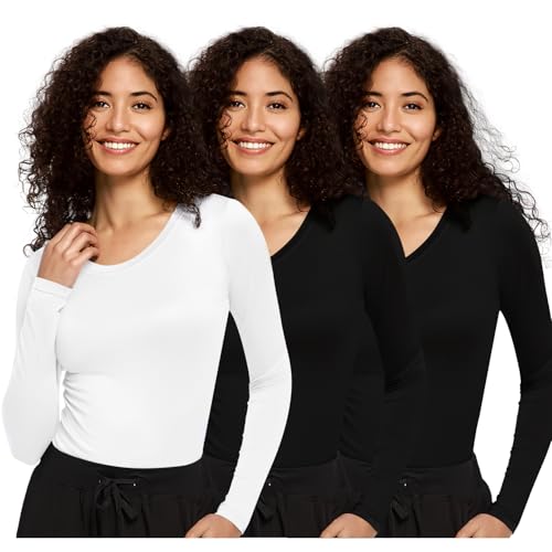 COZYFIT 3 Pack Underscrub Long Sleeve Women, Scrubs Undershirts, Crew Neck - color: Black/Black/White, size: XX-Small