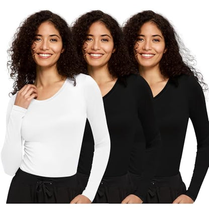 COZYFIT 3 Pack Underscrub Long Sleeve Women, Scrubs Undershirts, Crew Neck - color: Black/Black/White, size: XX-Small