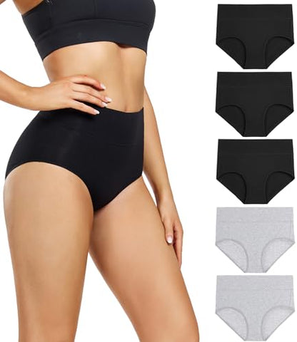 wirarpa Women's Underwear High Waisted Ladies Cotton Panties Soft Full Coverage Briefs 5 Pack - color: 3black,2grey-5p, size: Small