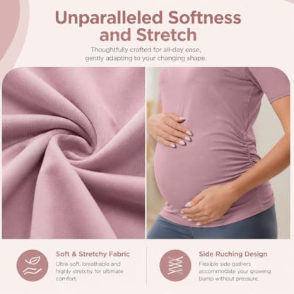 Women's Maternity Shirts Sleeve Casual Crew Neck Undershirts Athletic Moisture Wicking Side Ruched - size: Large