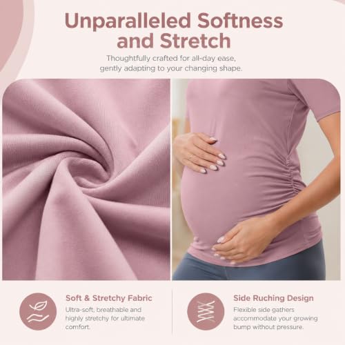 Women's Maternity Shirts Sleeve Casual Crew Neck Undershirts Athletic Moisture Wicking Side Ruched - size: Small