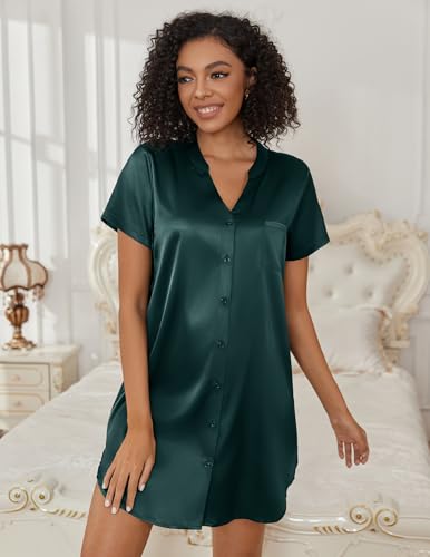 Ekouaer Women's Satin Nightshirt Button Down Sleepshirt Silk Nightgown - color: Green, size: Small